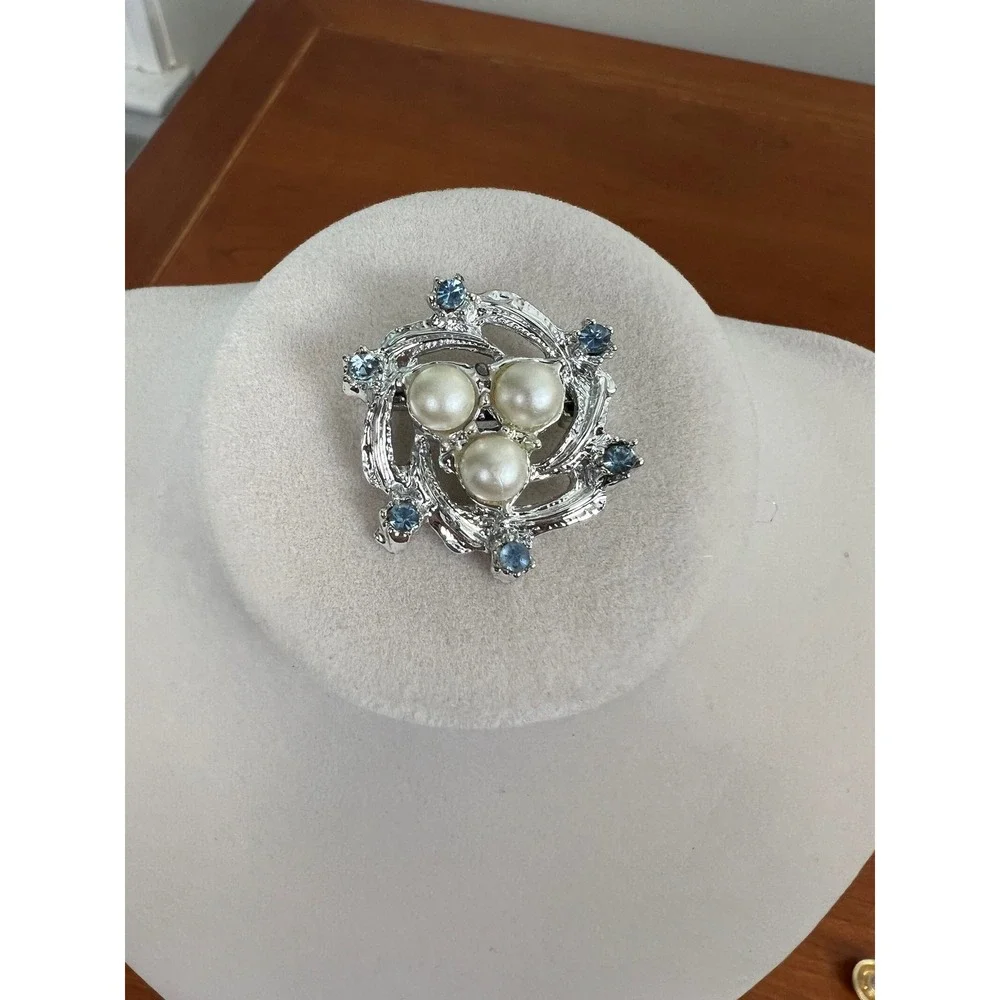 Vintage Style Silver Tone Faux Pearl and Blue Rhinestone Swirl Brooch Pin